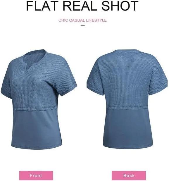 2025 Summer Women's Waffle Knit Shirt Casual V-Neck Short Sleeve Top