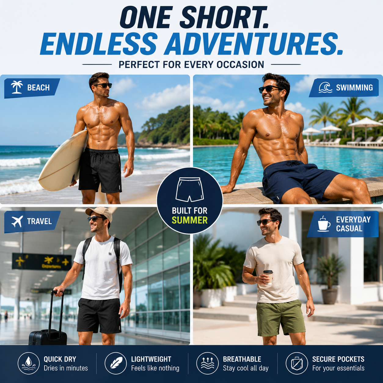 Men's Quick Dry Shorts with Zipper Pockets – Lightweight Summer Athletic Shorts