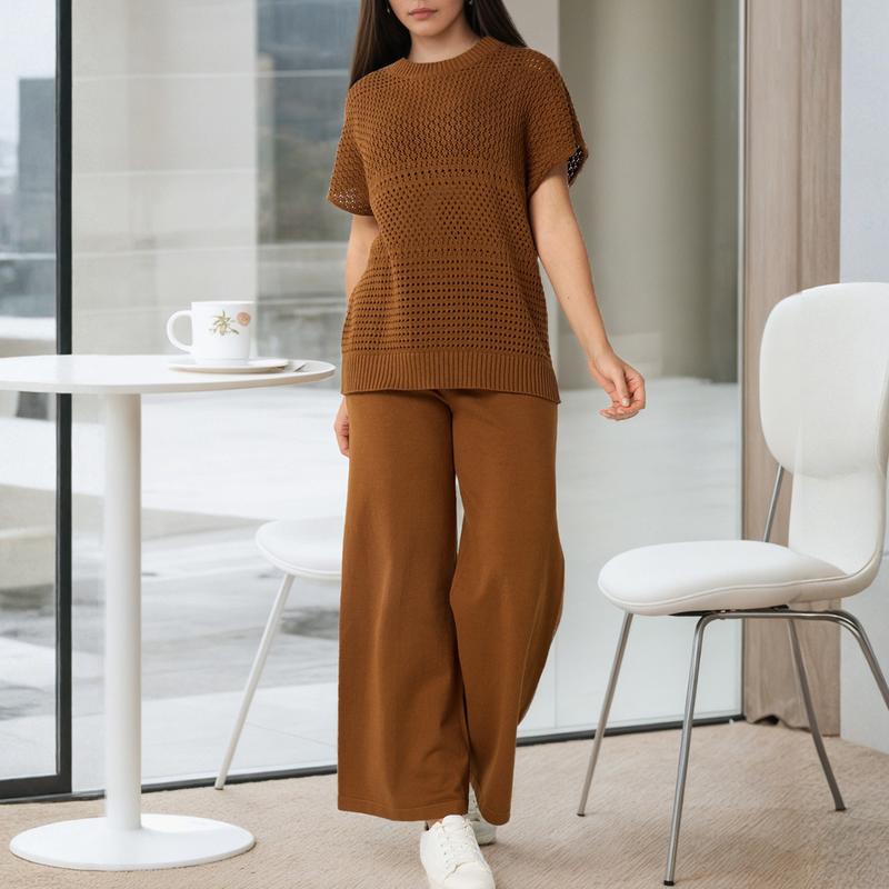 Women'S Cotton Knit Crochet Sweater Set Two Piece Cozy Stylish Lounge Outfit For Casual Wear Comfortable Elegant