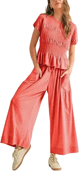 Women's  2-Piece Lounge Set Relaxed Fit with Soft Smocked Top & Flowy Pants