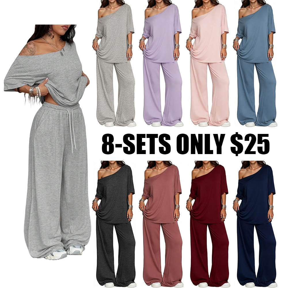 Women's 2-Piece Set-Shoulder T-Shirt And Wide Leg Pants Two Pieces Outfits