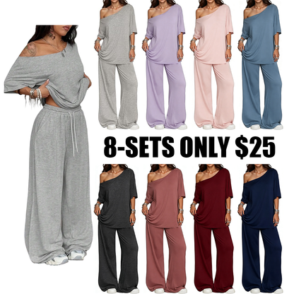 Women's 2-Piece Set-Shoulder T-Shirt And Wide Leg Pants Two Pieces Outfits