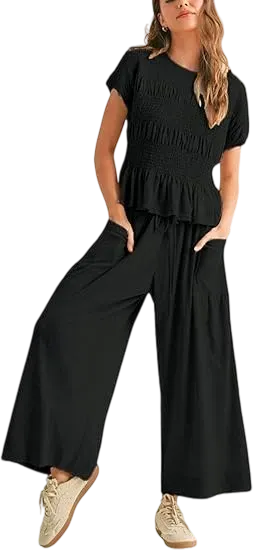 Women's  2-Piece Lounge Set Relaxed Fit with Soft Smocked Top & Flowy Pants