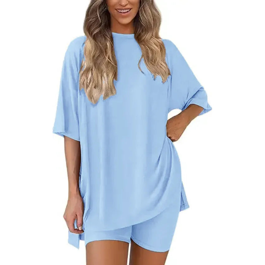 Women's Summer 2 Piece Lounge Set Oversized T-Shirt & Biker Shorts Matching Airport Travel Outfit