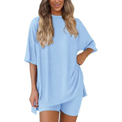 Women's Summer 2 Piece Lounge Set Oversized T-Shirt & Biker Shorts Matching Airport Travel Outfit