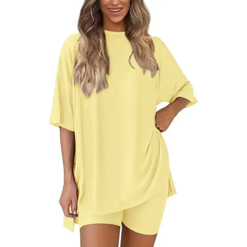 Women's Summer 2 Piece Lounge Set Oversized T-Shirt & Biker Shorts Matching Airport Travel Outfit