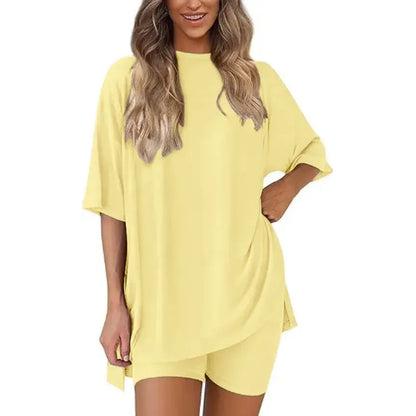 Women's Summer 2 Piece Lounge Set Oversized T-Shirt & Biker Shorts Matching Airport Travel Outfit