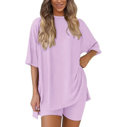Women's Summer 2 Piece Lounge Set Oversized T-Shirt & Biker Shorts Matching Airport Travel Outfit