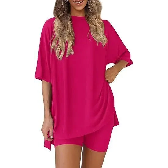 Women's Summer 2 Piece Lounge Set Oversized T-Shirt & Biker Shorts Matching Airport Travel Outfit