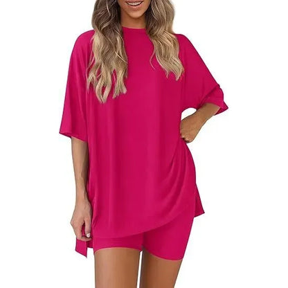 Women's Summer 2 Piece Lounge Set Oversized T-Shirt & Biker Shorts Matching Airport Travel Outfit