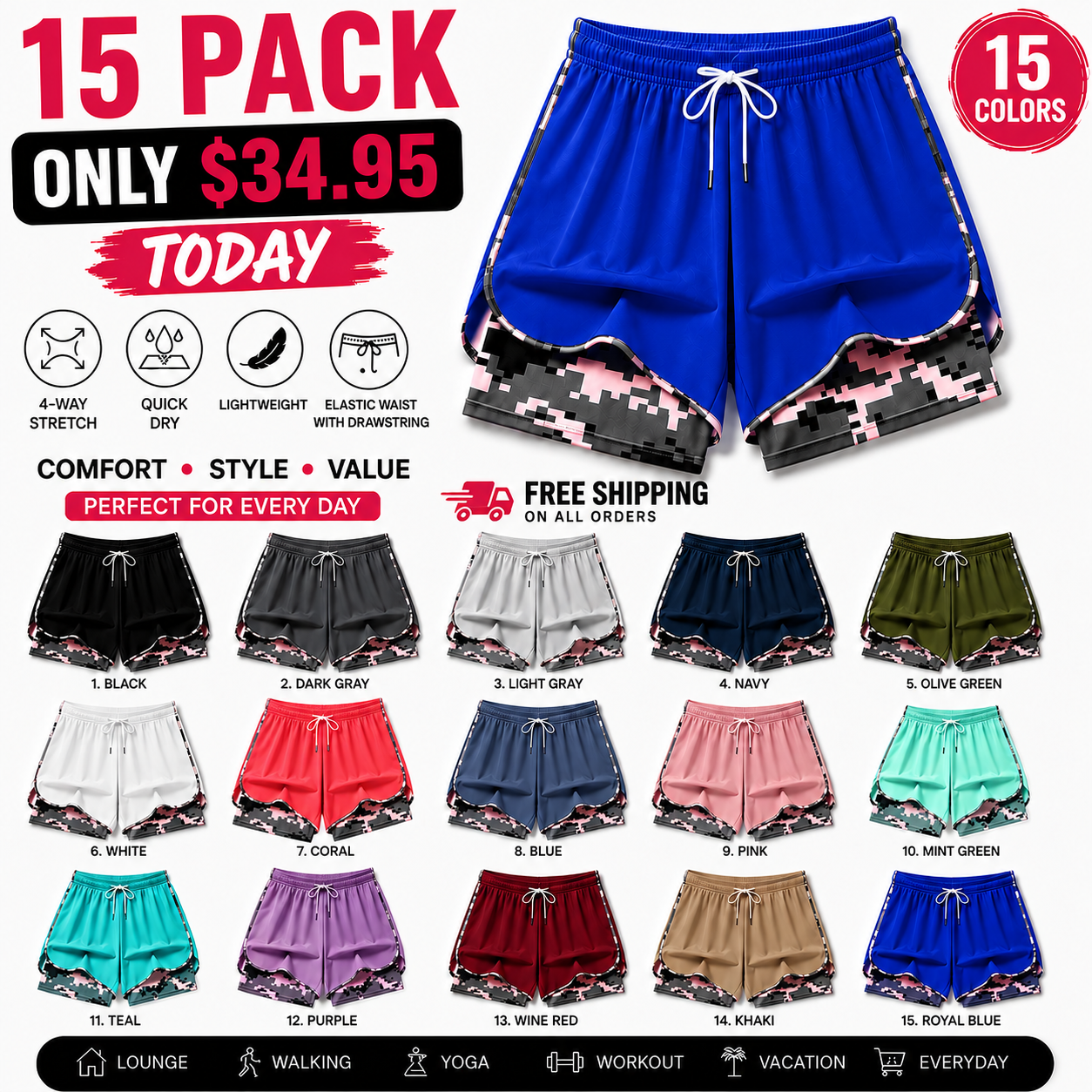 【LAST DAY SALE】Women’s casual athletic shorts with pockets