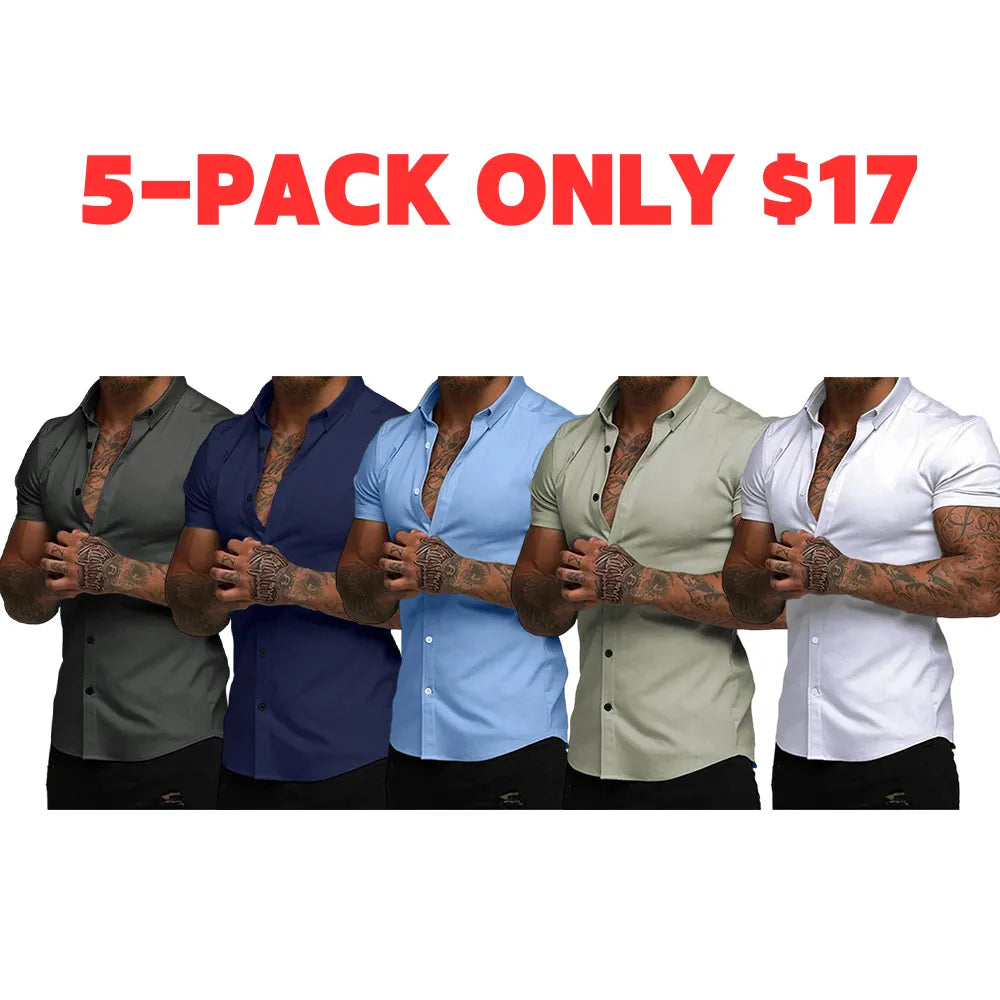 Mens Muscle Fit Dress Shirts Casual Button Down Shirt Short Sleeve Wrinkle-Free Shirts