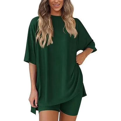 Women's Summer 2 Piece Lounge Set Oversized T-Shirt & Biker Shorts Matching Airport Travel Outfit