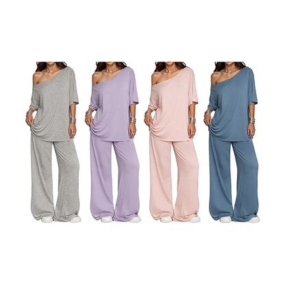 Women's 2-Piece Set-Shoulder T-Shirt And Wide Leg Pants Two Pieces Outfits