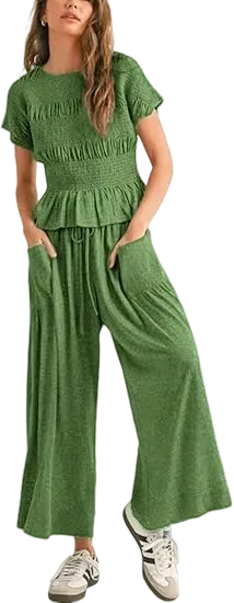 Women's  2-Piece Lounge Set Relaxed Fit with Soft Smocked Top & Flowy Pants