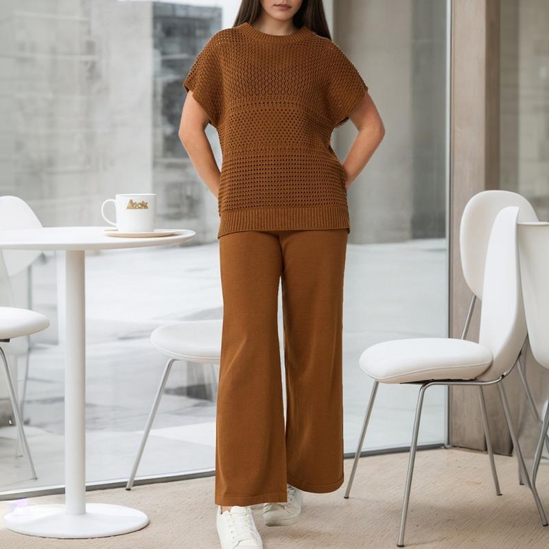 Women'S Cotton Knit Crochet Sweater Set Two Piece Cozy Stylish Lounge Outfit For Casual Wear Comfortable Elegant