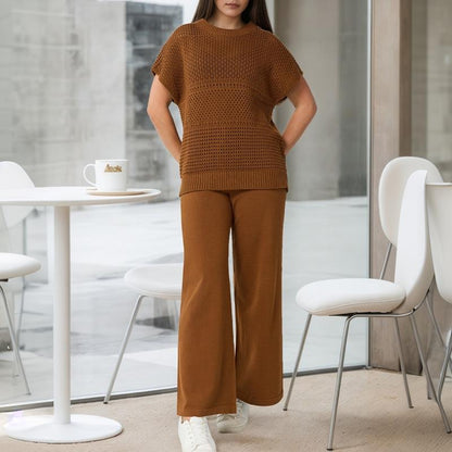 Women'S Cotton Knit Crochet Sweater Set Two Piece Cozy Stylish Lounge Outfit For Casual Wear Comfortable Elegant