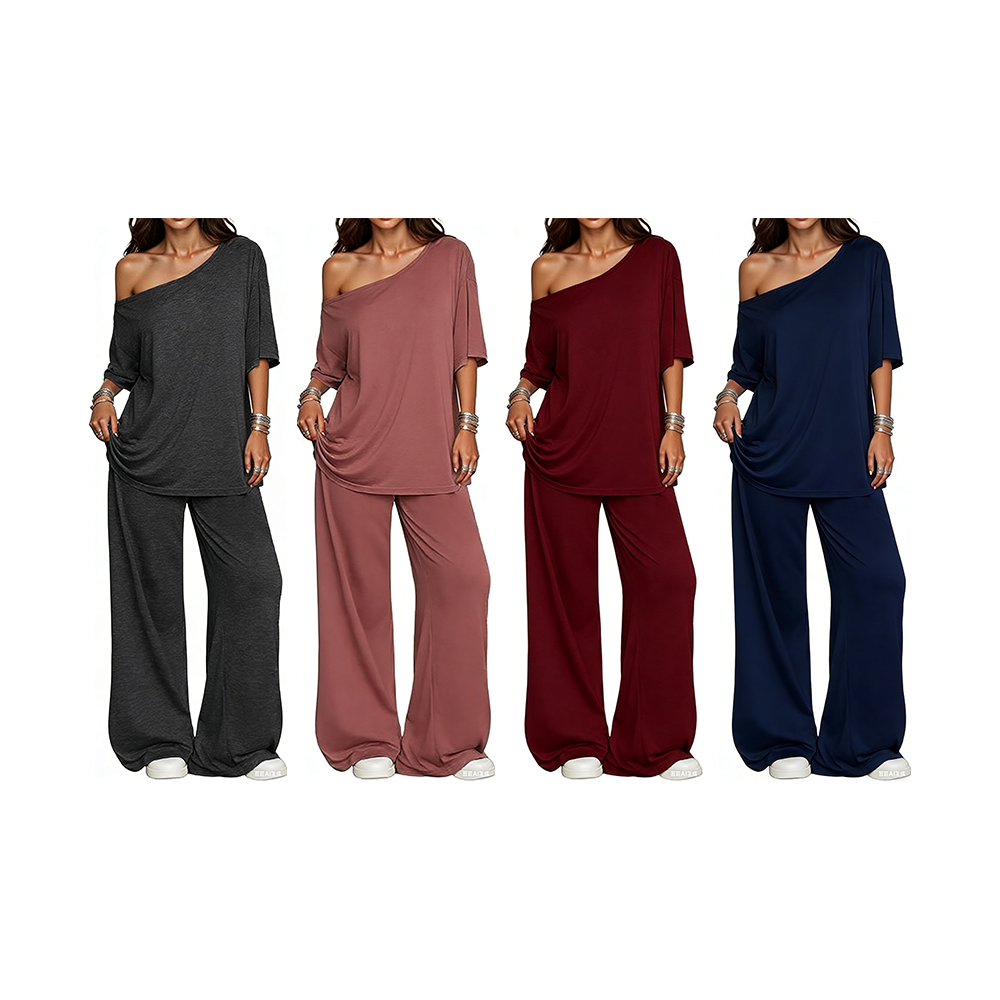 Women's 2-Piece Set-Shoulder T-Shirt And Wide Leg Pants Two Pieces Outfits