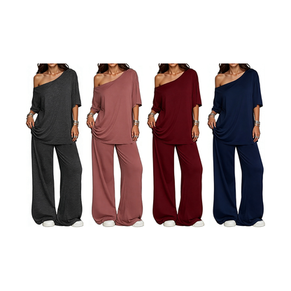 Women's 2-Piece Set-Shoulder T-Shirt And Wide Leg Pants Two Pieces Outfits
