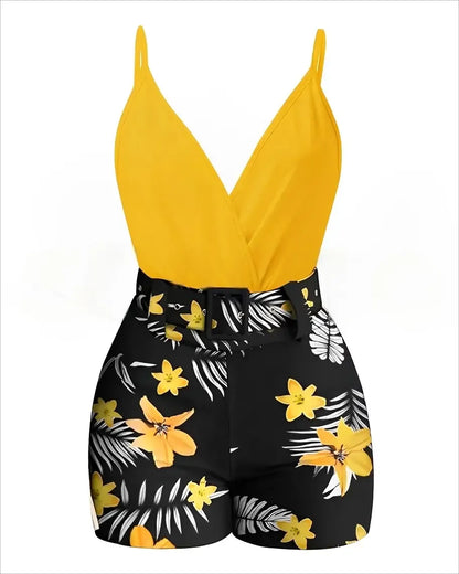 Women's Printed Suit Sleeveless V-Neck Camisole Top Belt Shorts Suit Sexy Office Fashion Casual Two-piece Women's Suit