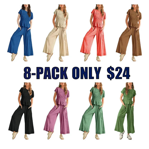 Women's  2-Piece Lounge Set Relaxed Fit with Soft Smocked Top & Flowy Pants