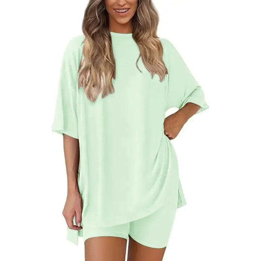 Women's Summer 2 Piece Lounge Set Oversized T-Shirt & Biker Shorts Matching Airport Travel Outfit