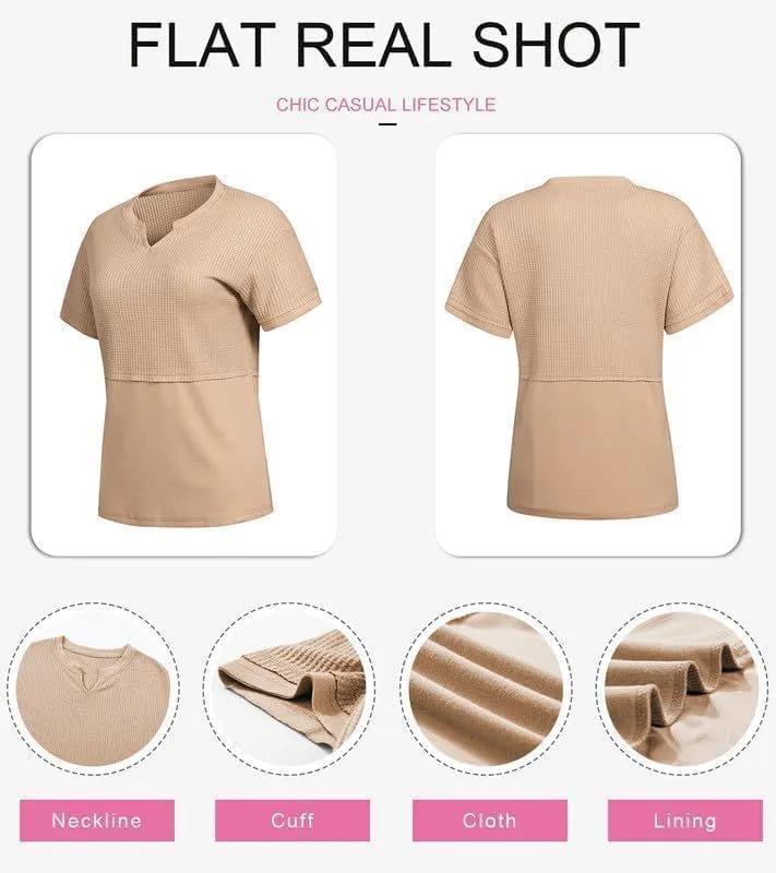 2025 Summer Women's Waffle Knit Shirt Casual V-Neck Short Sleeve Top