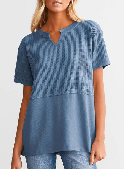 2025 Summer Women's Waffle Knit Shirt Casual V-Neck Short Sleeve Top