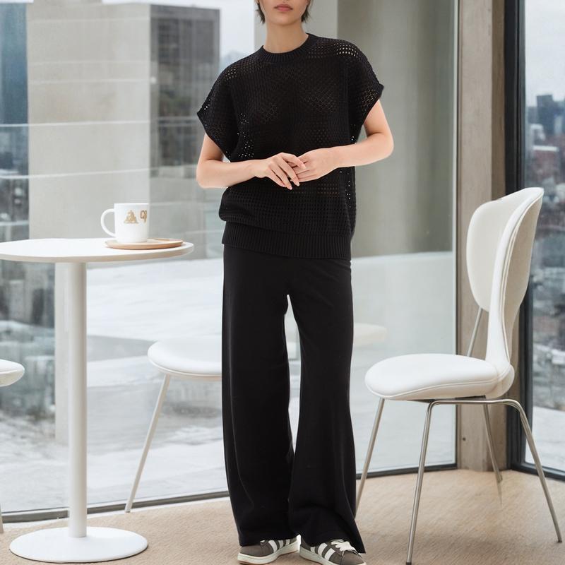 Women'S Cotton Knit Crochet Sweater Set Two Piece Cozy Stylish Lounge Outfit For Casual Wear Comfortable Elegant