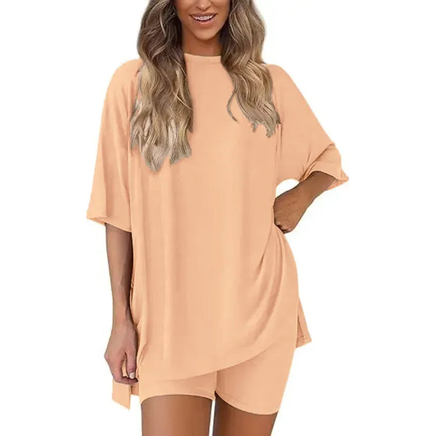 Women's Summer 2 Piece Lounge Set Oversized T-Shirt & Biker Shorts Matching Airport Travel Outfit