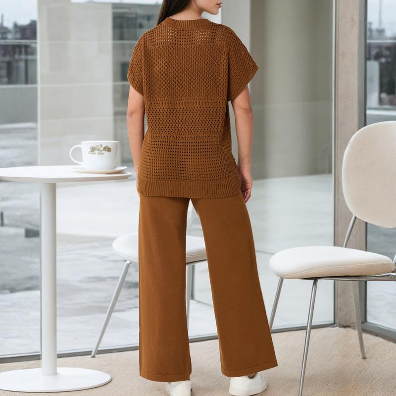 Women'S Cotton Knit Crochet Sweater Set Two Piece Cozy Stylish Lounge Outfit For Casual Wear Comfortable Elegant