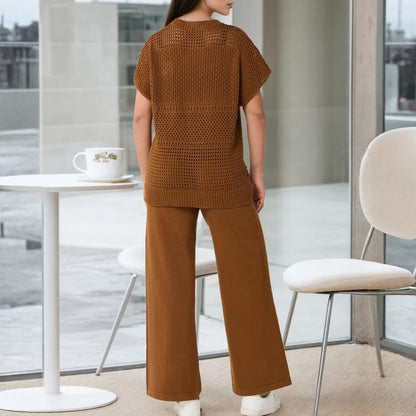 Women'S Cotton Knit Crochet Sweater Set Two Piece Cozy Stylish Lounge Outfit For Casual Wear Comfortable Elegant