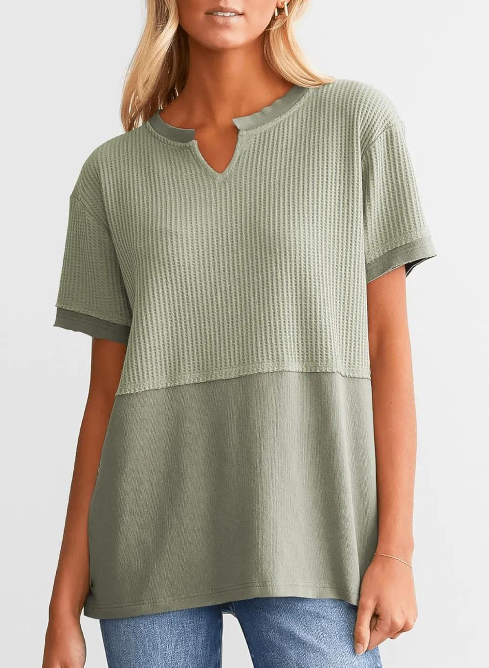 2025 Summer Women's Waffle Knit Shirt Casual V-Neck Short Sleeve Top