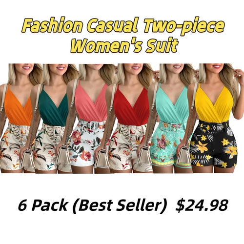 Women's Printed Suit Sleeveless V-Neck Camisole Top Belt Shorts Suit Sexy Office Fashion Casual Two-piece Women's Suit