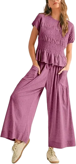 Women's  2-Piece Lounge Set Relaxed Fit with Soft Smocked Top & Flowy Pants