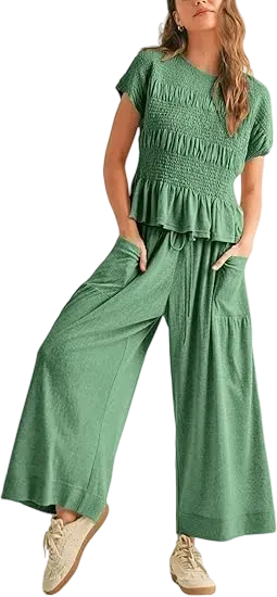 Women's  2-Piece Lounge Set Relaxed Fit with Soft Smocked Top & Flowy Pants