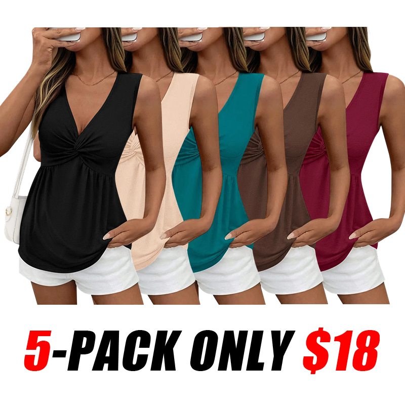 Womens Babydoll Twist Front V Neck Sleeveless Flowy Blouses