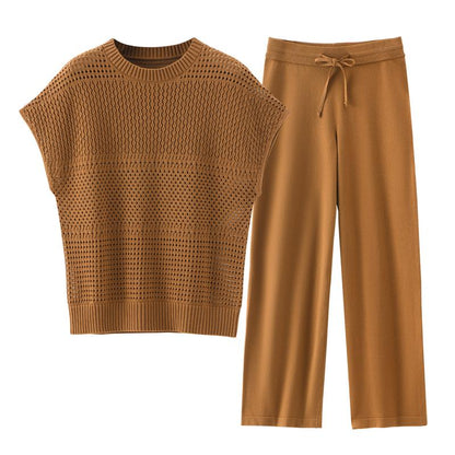 Women'S Cotton Knit Crochet Sweater Set Two Piece Cozy Stylish Lounge Outfit For Casual Wear Comfortable Elegant