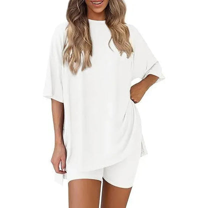Women's Summer 2 Piece Lounge Set Oversized T-Shirt & Biker Shorts Matching Airport Travel Outfit