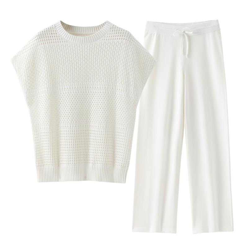 Women'S Cotton Knit Crochet Sweater Set Two Piece Cozy Stylish Lounge Outfit For Casual Wear Comfortable Elegant