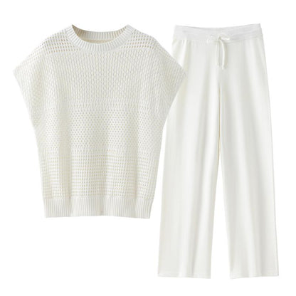 Women'S Cotton Knit Crochet Sweater Set Two Piece Cozy Stylish Lounge Outfit For Casual Wear Comfortable Elegant