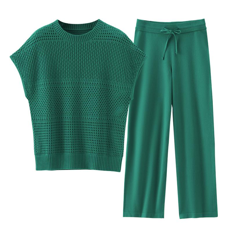Women'S Cotton Knit Crochet Sweater Set Two Piece Cozy Stylish Lounge Outfit For Casual Wear Comfortable Elegant