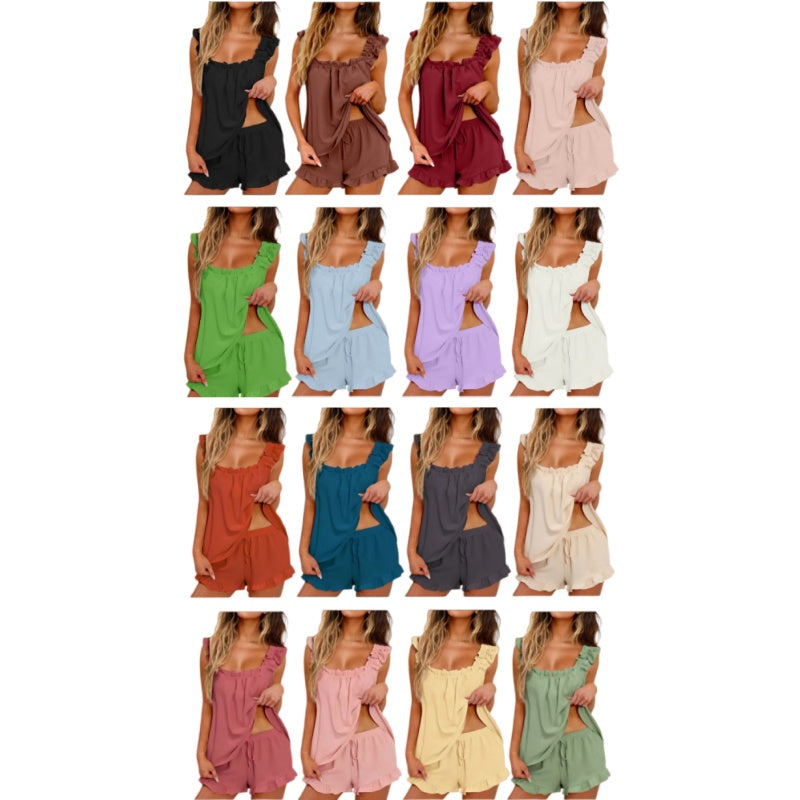 Women's Summer 2 Piece Ruffle Pajama Set Soft Sleepwear Loungewear Shorts Set
