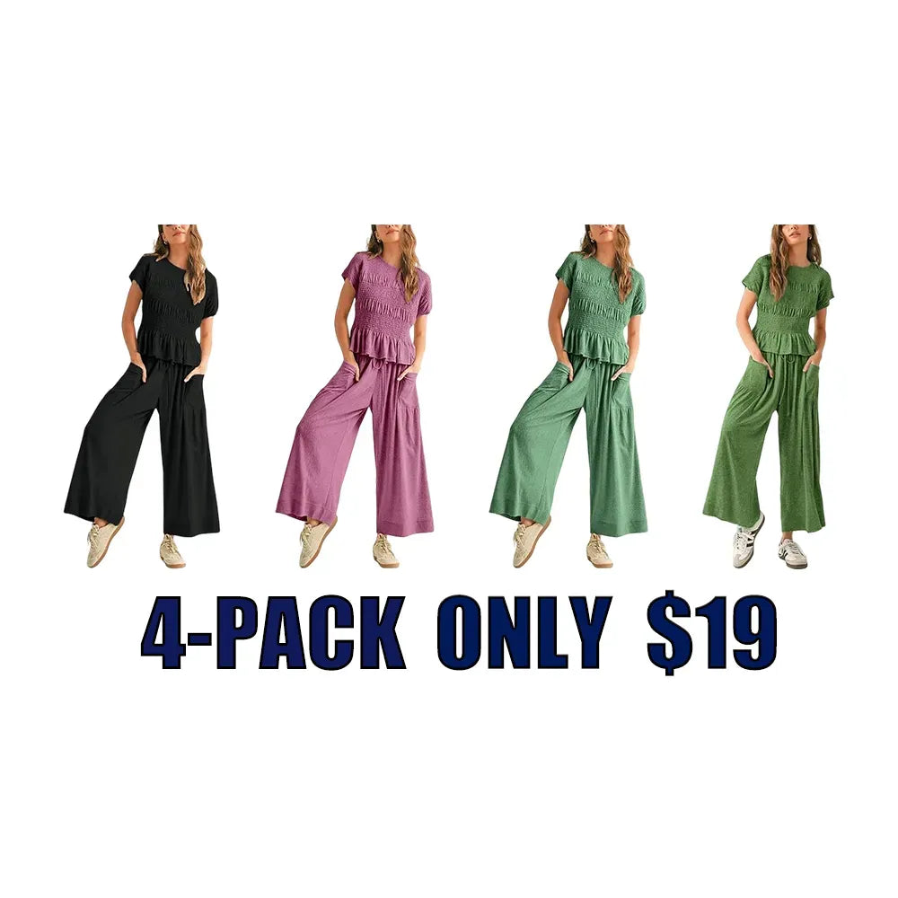 Women's  2-Piece Lounge Set Relaxed Fit with Soft Smocked Top & Flowy Pants