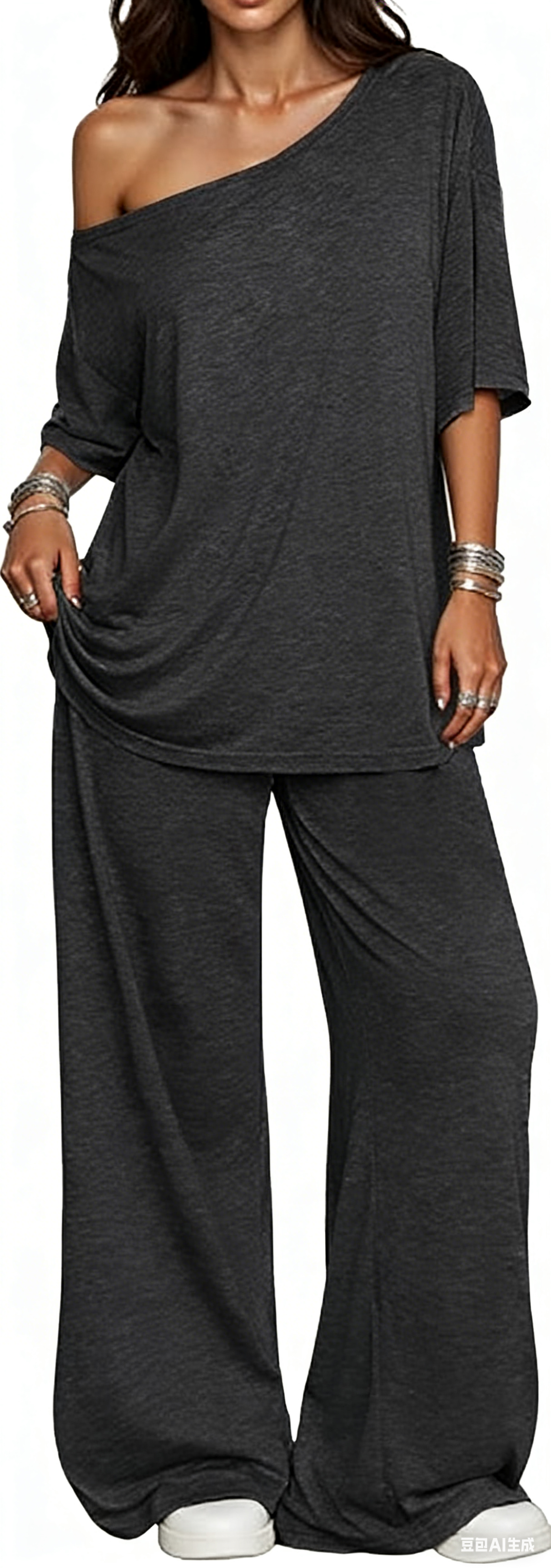 Women's 2-Piece Set-Shoulder T-Shirt And Wide Leg Pants Two Pieces Outfits