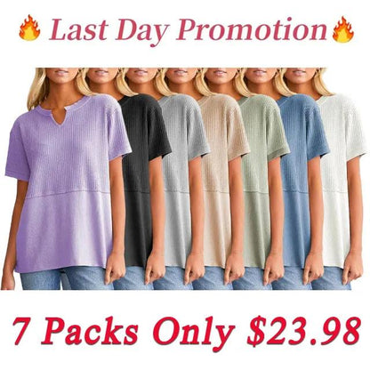 2025 Summer Women's Waffle Knit Shirt Casual V-Neck Short Sleeve Top