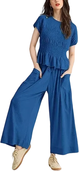 Women's  2-Piece Lounge Set Relaxed Fit with Soft Smocked Top & Flowy Pants