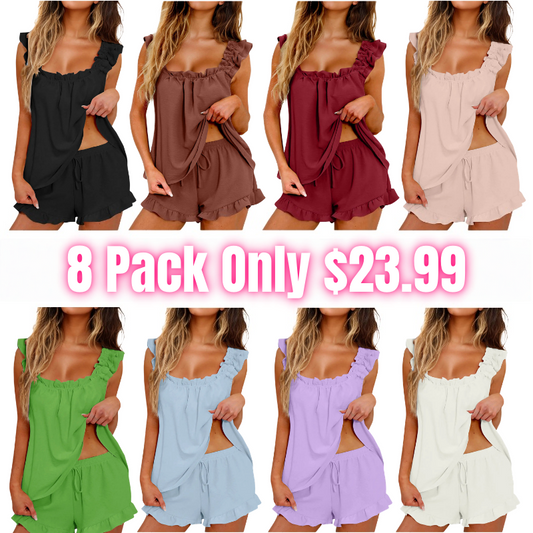 Women's Summer 2 Piece Ruffle Pajama Set Soft Sleepwear Loungewear Shorts Set
