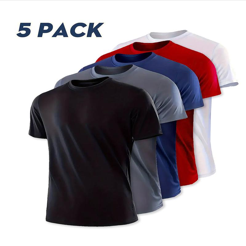 Five/Ten Pack Men's Highly Elastic Moisture-Wicking T-shirt Soft, Quick-Drying, Breathable Sports Solid Color Short-Sleeved Round Neck Running Fitness Lightweight Top, Four Seasons gym wear cycling