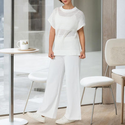 Women'S Cotton Knit Crochet Sweater Set Two Piece Cozy Stylish Lounge Outfit For Casual Wear Comfortable Elegant